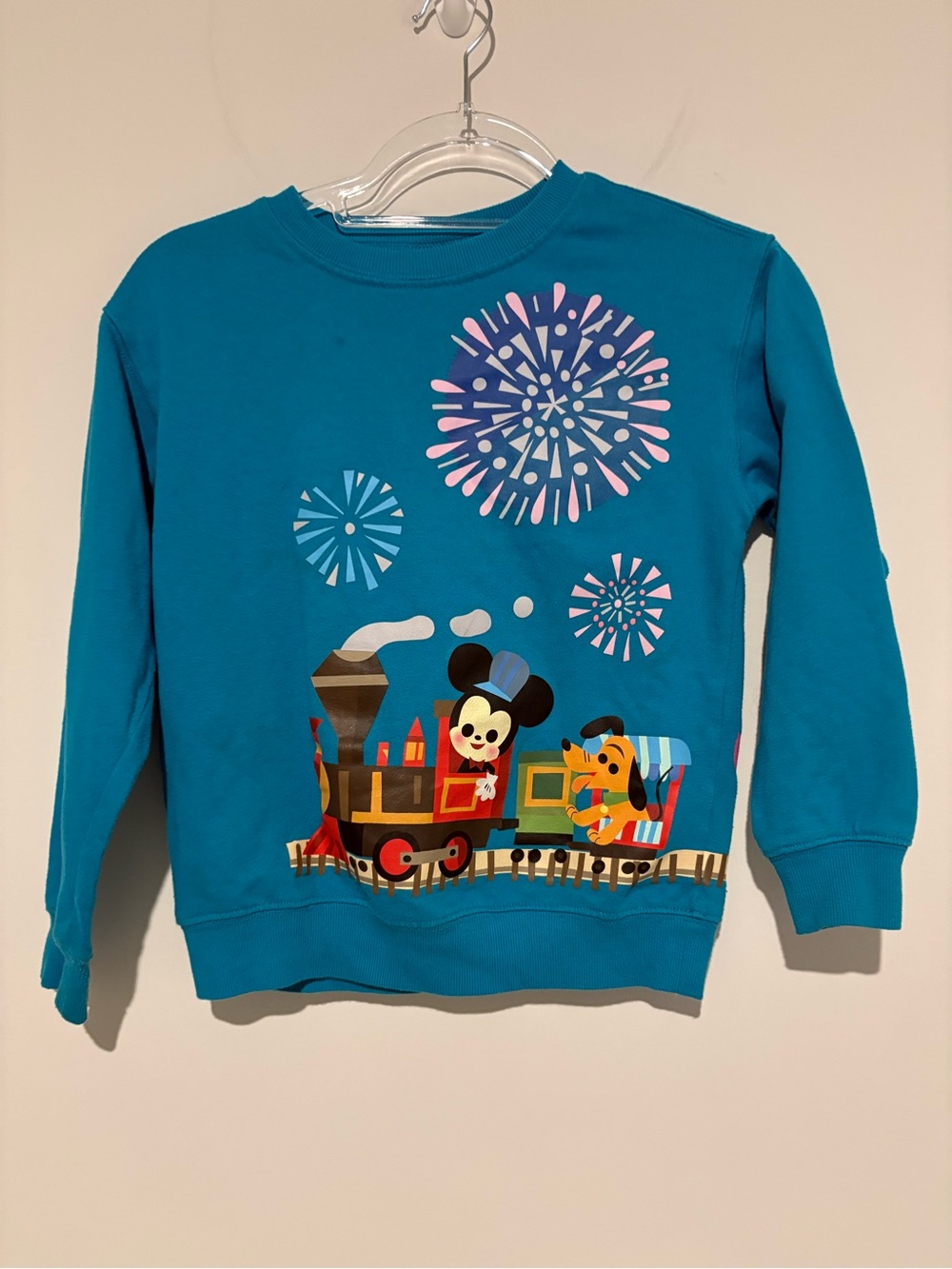 Disney Parks Joey Chou Train Fireworks Graphic Sweatshirt teal blue kids medium